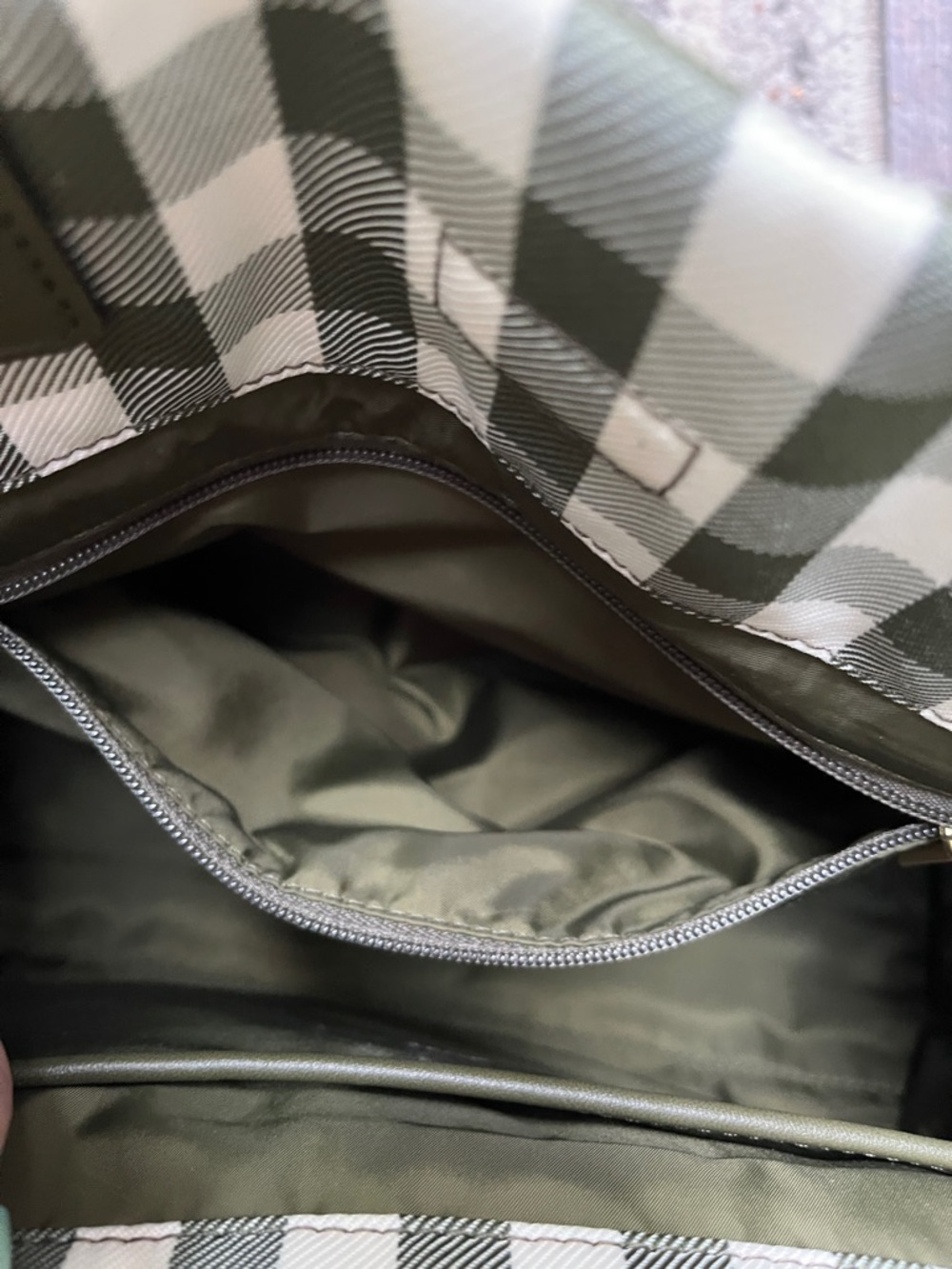 Tory Burch Olive and White Gingham Logo Tote with Leather Trim - Picture 5 of 11